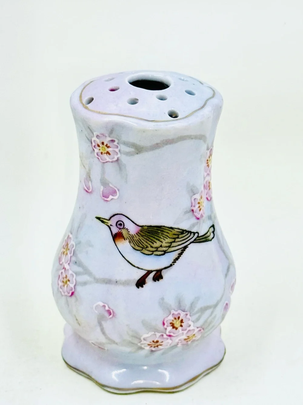 Vintage Porcelain Hand Painted Hat Pin Holder W/Bird & Cherry Blossoms 4”X2.25”